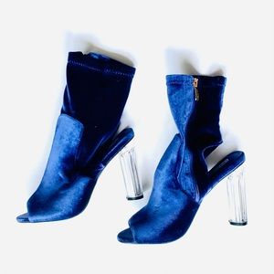 Blue Velvet Cape Robbin Booties with Acrylic Heel